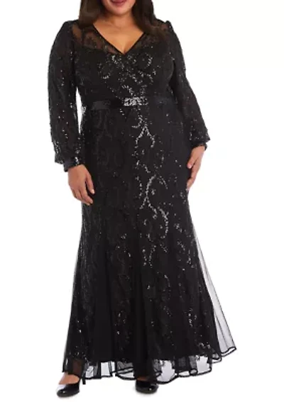 Plus Embroidered Gown with Blouson Sleeves