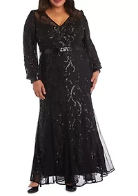 Plus Embroidered Gown with Blouson Sleeves