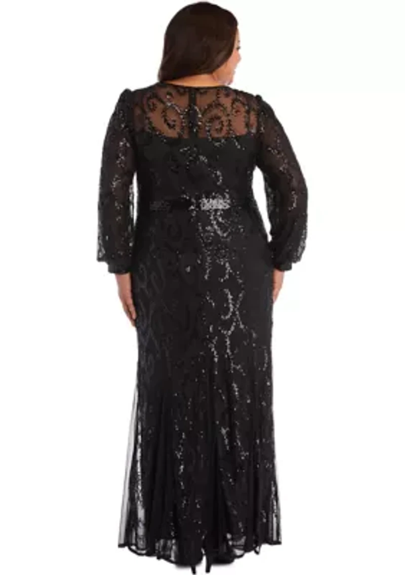 Plus Embroidered Gown with Blouson Sleeves