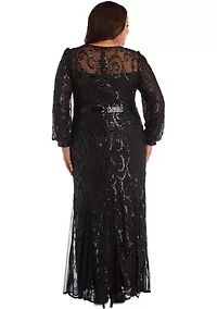 Plus Embroidered Gown with Blouson Sleeves