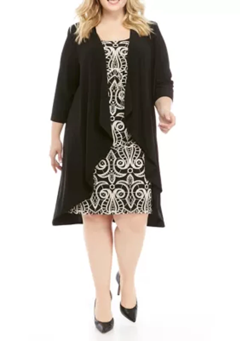 Plus 3/4 Sleeve Print Dress with a Solid Jacket