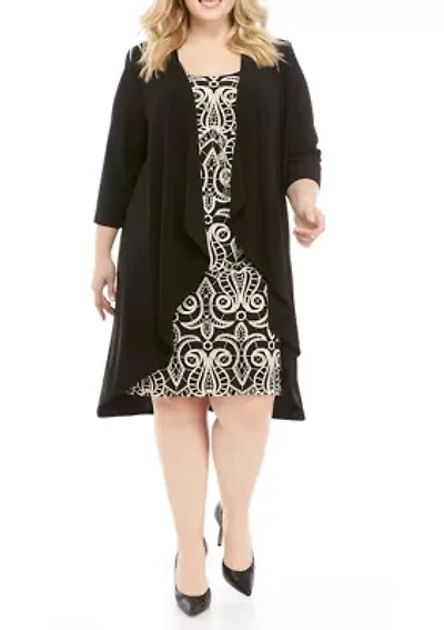 Plus 3/4 Sleeve Print Dress with a Solid Jacket