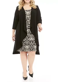 Plus 3/4 Sleeve Print Dress with a Solid Jacket