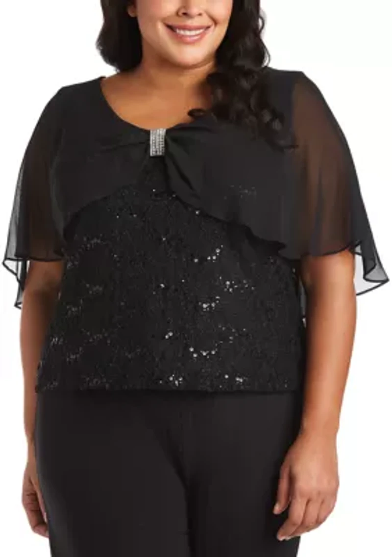 Plus Pinch Front Chiffon Lace Caplet Top