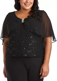 Plus Pinch Front Chiffon Lace Caplet Top