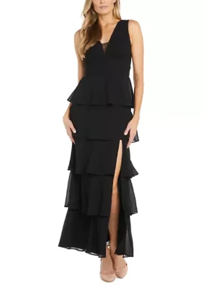 Women's Long Multi Tiered Deep V-Neck Front Pebble Georgette Dress with Mesh Detail