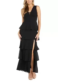Women's Long Multi Tiered Deep V-Neck Front Pebble Georgette Dress with Mesh Detail