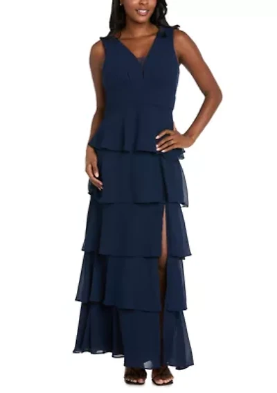 Women's Long Multi Tiered Deep V-Neck Front Pebble Georgette Dress with Mesh Detail