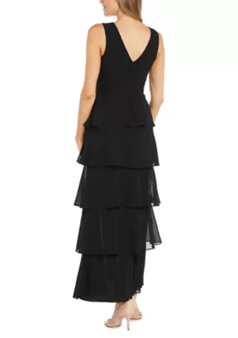Women's Long Multi Tiered Deep V-Neck Front Pebble Georgette Dress with Mesh Detail