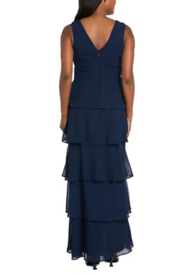 Women's Long Multi Tiered Deep V-Neck Front Pebble Georgette Dress with Mesh Detail