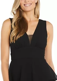 Women's Long Multi Tiered Deep V-Neck Front Pebble Georgette Dress with Mesh Detail
