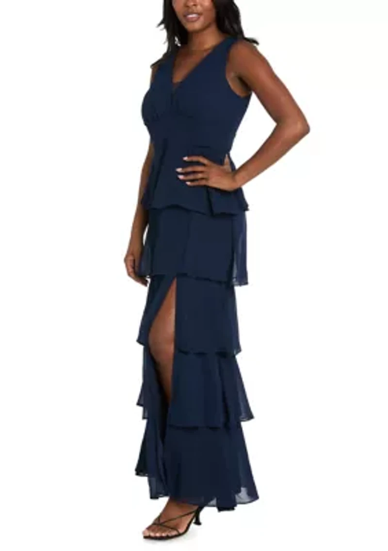 Women's Long Multi Tiered Deep V-Neck Front Pebble Georgette Dress with Mesh Detail