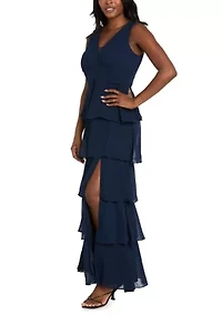 Women's Long Multi Tiered Deep V-Neck Front Pebble Georgette Dress with Mesh Detail