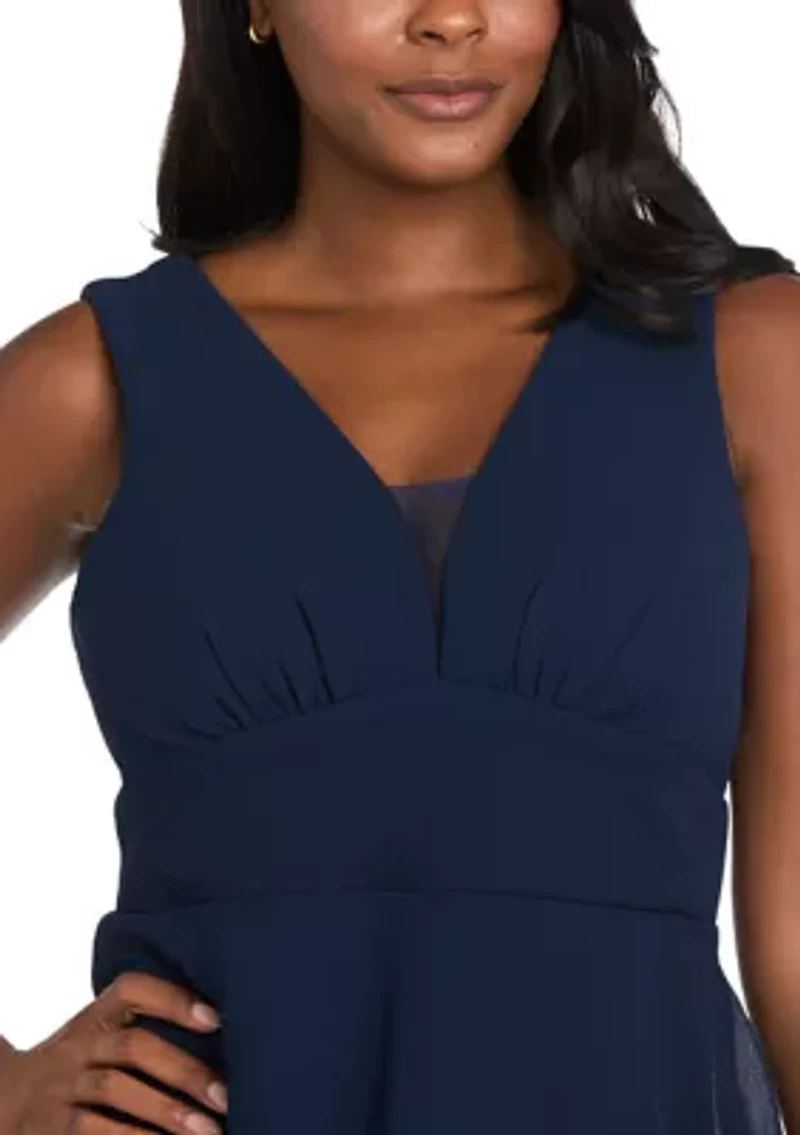 Women's Long Multi Tiered Deep V-Neck Front Pebble Georgette Dress with Mesh Detail