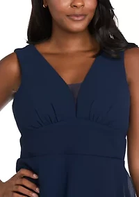 Women's Long Multi Tiered Deep V-Neck Front Pebble Georgette Dress with Mesh Detail