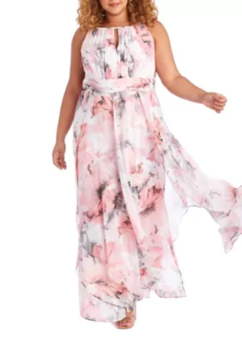 Long Keyhole Halter Dress Sheer Floral Printed Chiffon With Lurex Thread Hankie Panelled Skirt