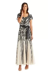 1Pc Sweetheart Neck Emb Sequin Panel Godet Dress