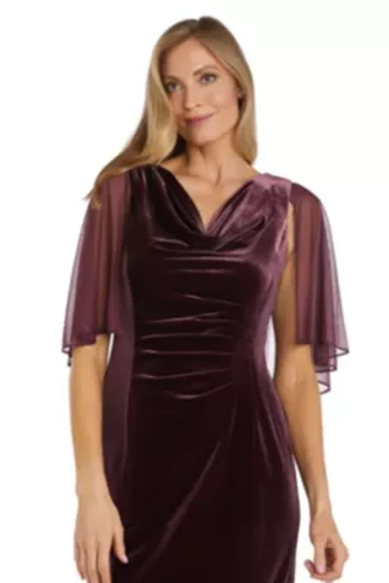 1Pc Velvet And Chiffon Side Drape Cowl Neck Caplet Short Dress