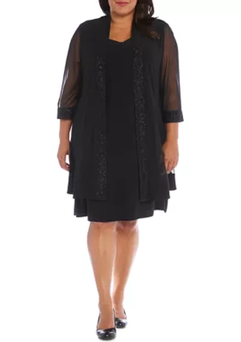 Plus Shift Dress with Matching Jacket and Metallic Detailing