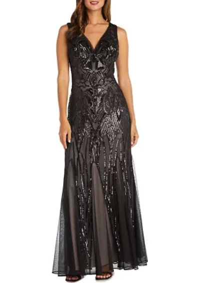 Long Beaded Dress With Contrast Lining Sleeveless V Neckline Godet Skirt