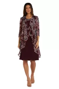 2Pc Puff Print Jacket Dress With Flyaway Solid Tank Necklace