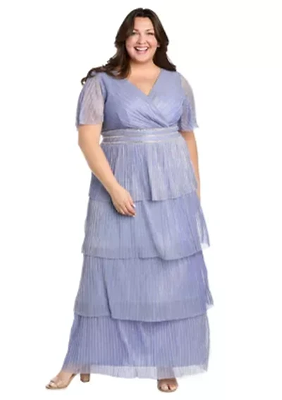 Long Tiered Crinkle Pleated Dress With Rhinestone Trim V Neckline And Flutter Sleeve