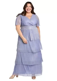 Long Tiered Crinkle Pleated Dress With Rhinestone Trim V Neckline And Flutter Sleeve
