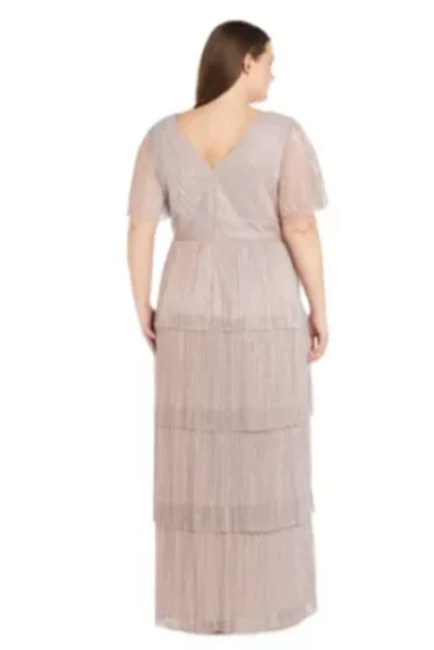 Long Tiered Crinkle Pleated Dress With Rhinestone Trim V Neckline And Flutter Sleeve