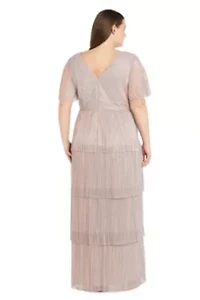 Long Tiered Crinkle Pleated Dress With Rhinestone Trim V Neckline And Flutter Sleeve