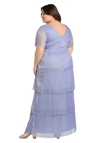 Long Tiered Crinkle Pleated Dress With Rhinestone Trim V Neckline And Flutter Sleeve