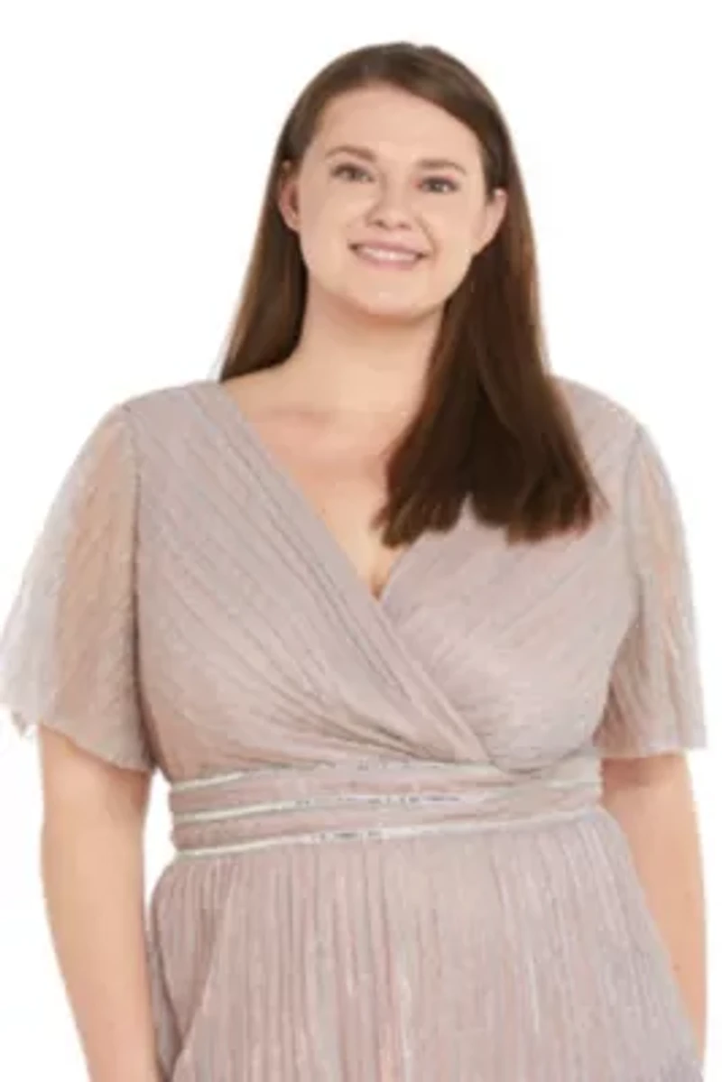 Long Tiered Crinkle Pleated Dress With Rhinestone Trim V Neckline And Flutter Sleeve