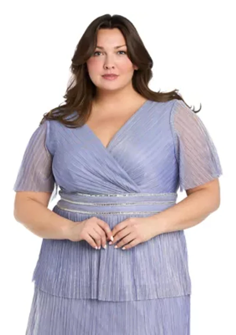 Long Tiered Crinkle Pleated Dress With Rhinestone Trim V Neckline And Flutter Sleeve