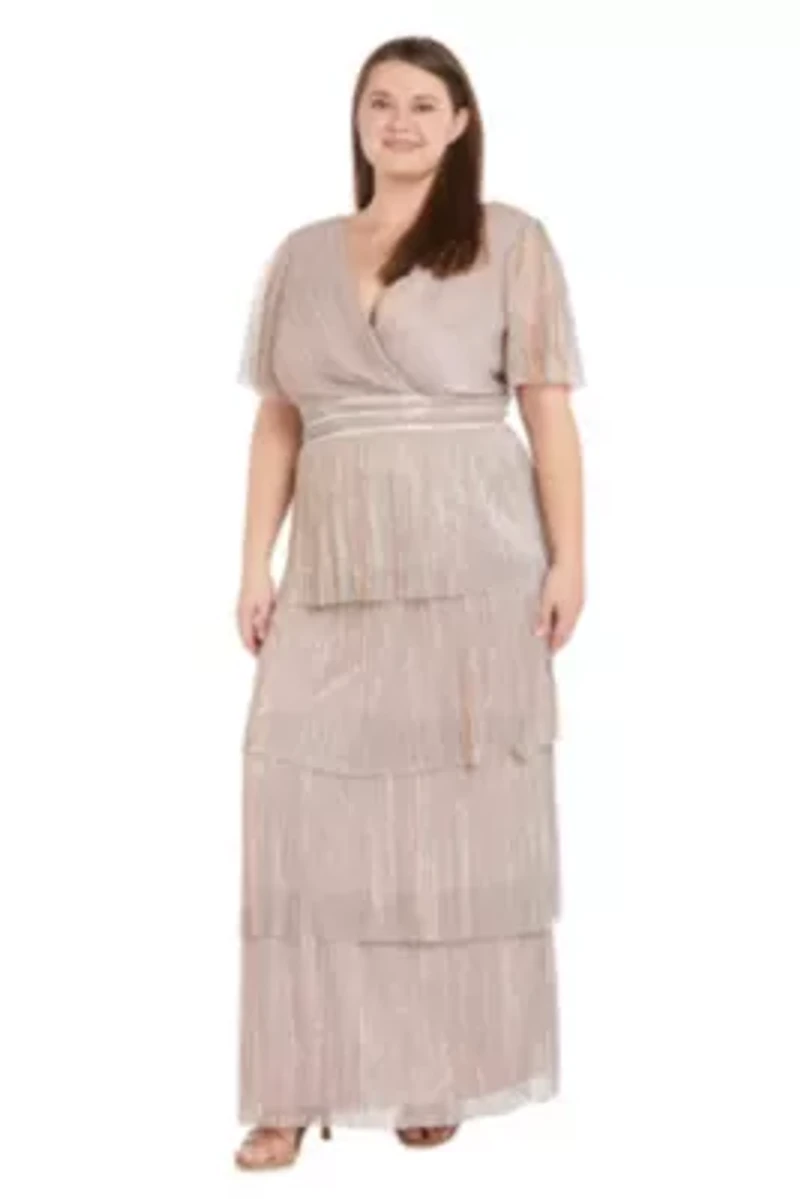 Long Tiered Crinkle Pleated Dress With Rhinestone Trim V Neckline And Flutter Sleeve