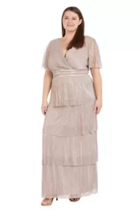 Long Tiered Crinkle Pleated Dress With Rhinestone Trim V Neckline And Flutter Sleeve