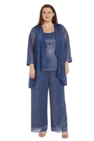 3Pc Crinkle Pantsuit With A Mesh Chiffon Jacket And Necklace