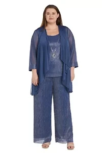 3Pc Crinkle Pantsuit With A Mesh Chiffon Jacket And Necklace