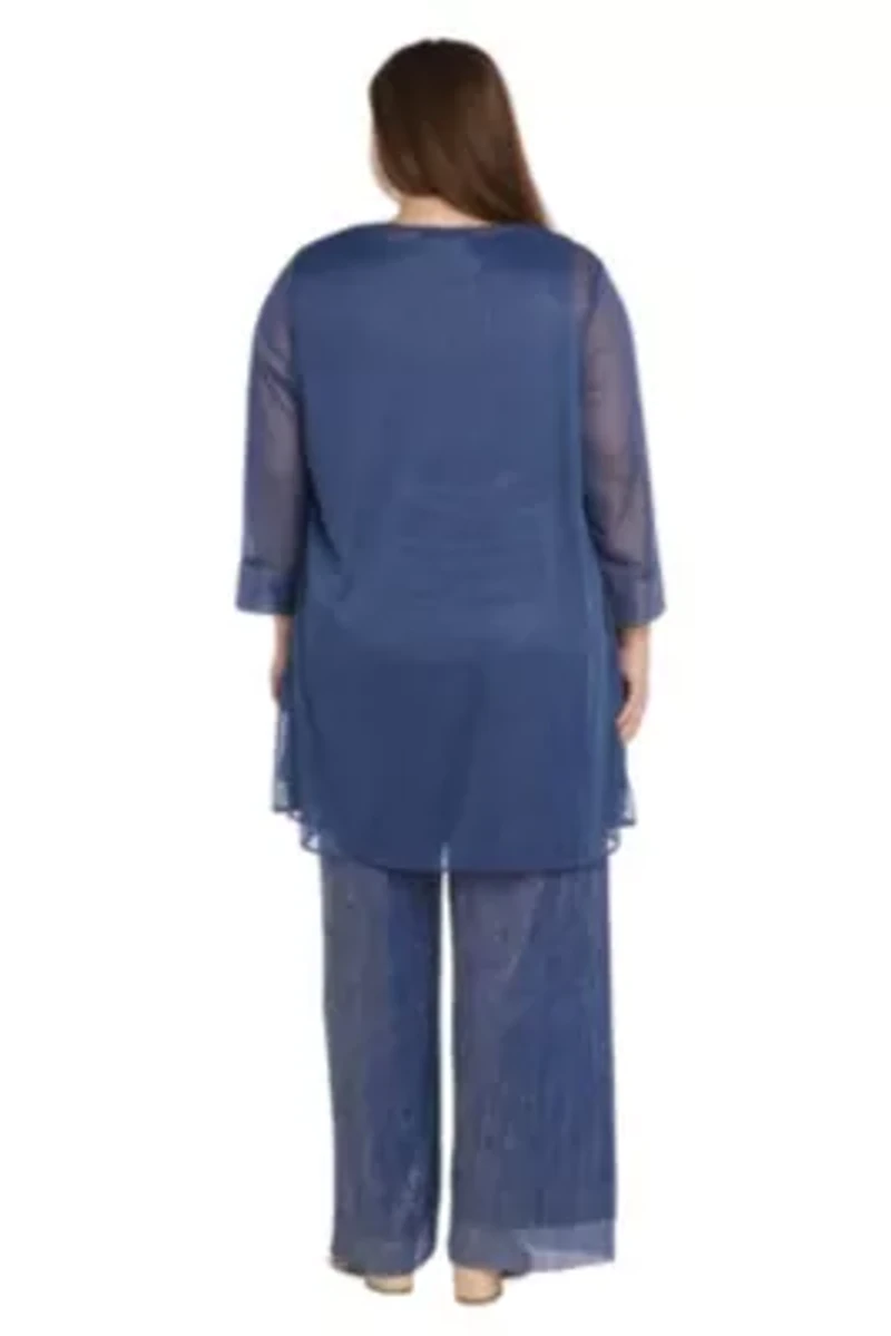 3Pc Crinkle Pantsuit With A Mesh Chiffon Jacket And Necklace