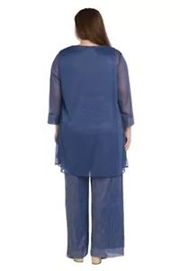 3Pc Crinkle Pantsuit With A Mesh Chiffon Jacket And Necklace