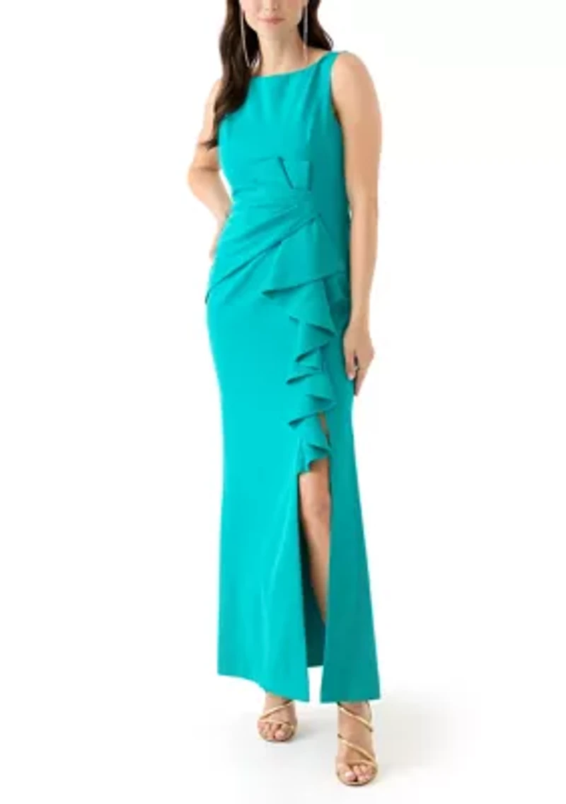 Women's Sleeveless Gown with Ruffle and Gathered Front