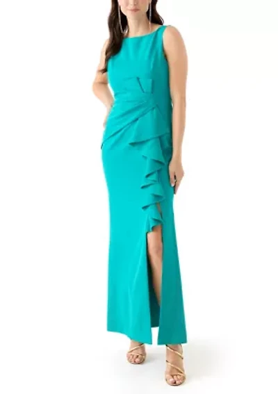 Women's Sleeveless Gown with Ruffle and Gathered Front