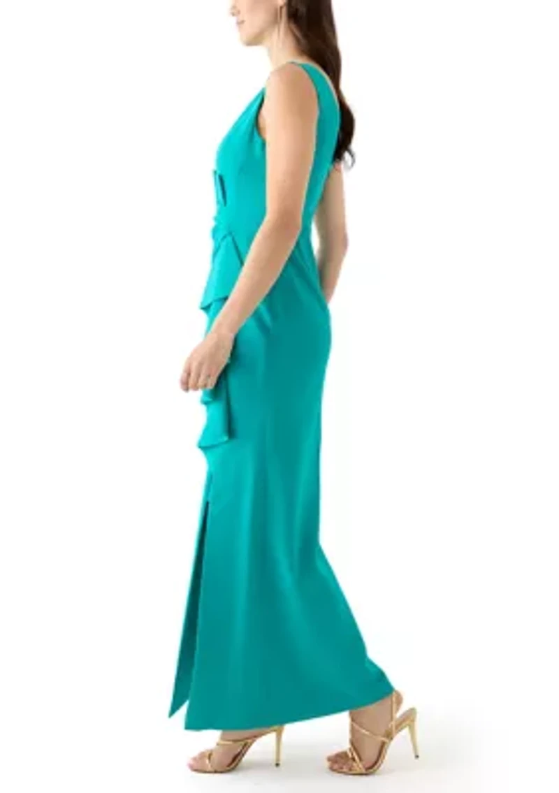 Women's Sleeveless Gown with Ruffle and Gathered Front