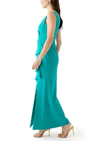 Women's Sleeveless Gown with Ruffle and Gathered Front