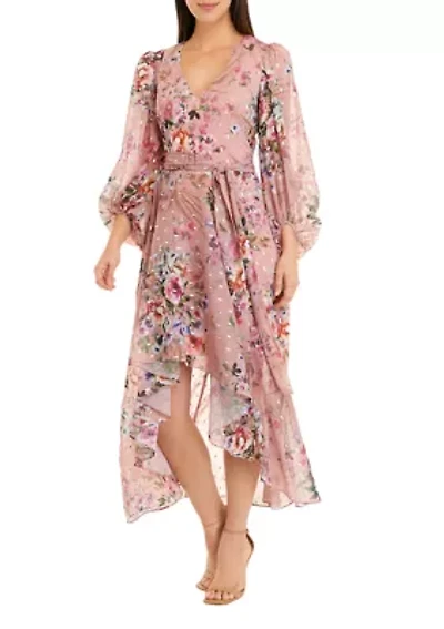 Women's Long Sleeve Surplice Floral Foil Print Chiffon Dress