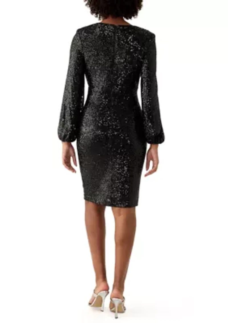 Women's Long Sleeve V-Neck Sequin Sheath Dress