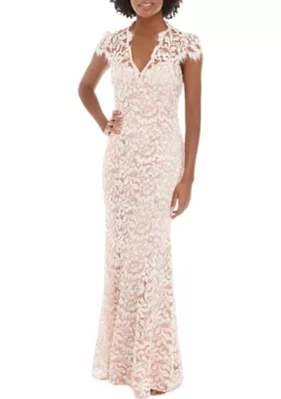 Cap Sleeve Square Neck Lace Sheath Gown