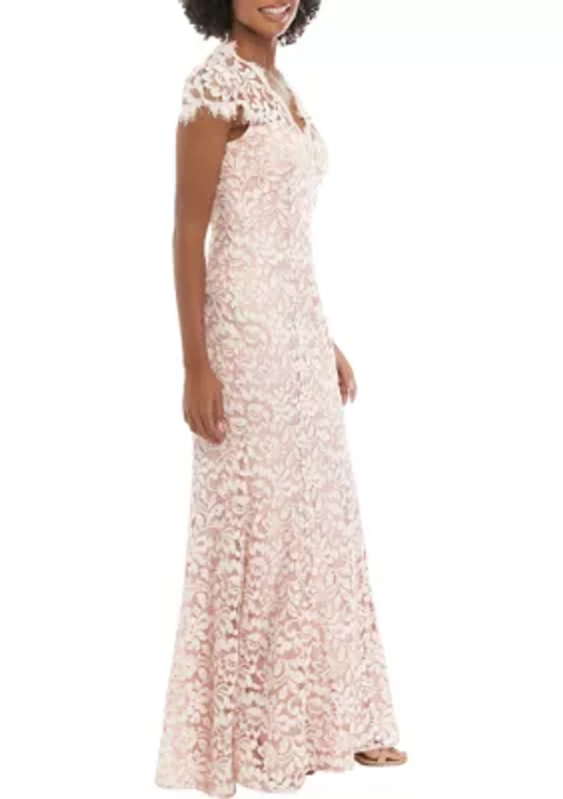 Cap Sleeve Square Neck Lace Sheath Gown