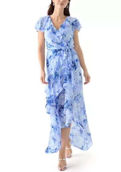 Women's Short Sleeve V-Neck Floral Print Chiffon Gown