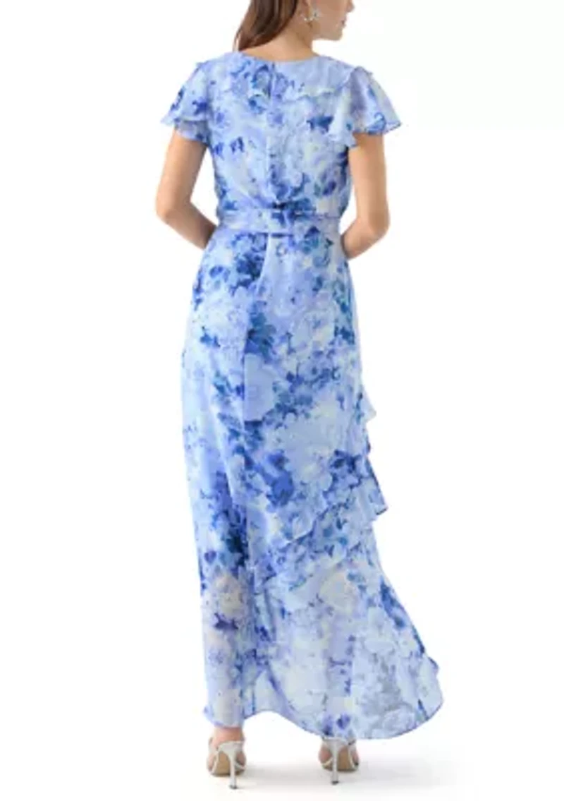 Women's Short Sleeve V-Neck Floral Print Chiffon Gown