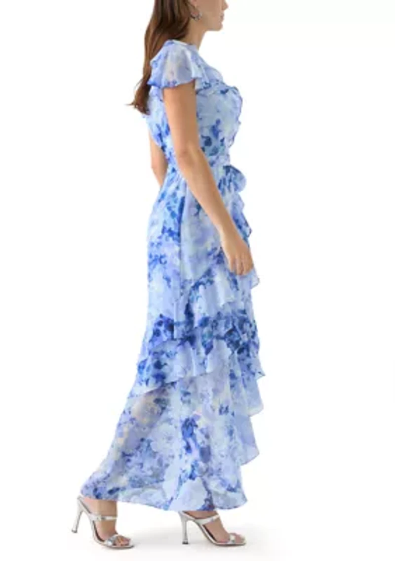 Women's Short Sleeve V-Neck Floral Print Chiffon Gown