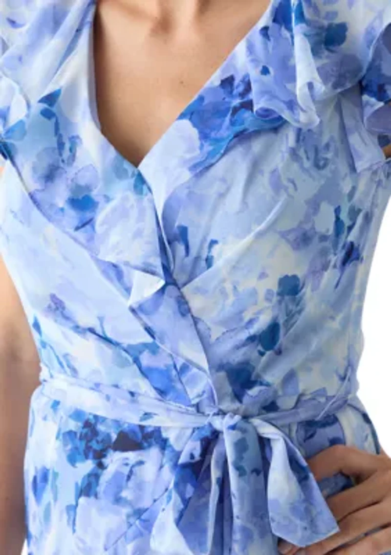 Women's Short Sleeve V-Neck Floral Print Chiffon Gown